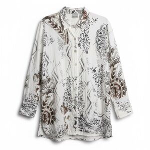 100% Linen White Black and Brown Patterned Button Tunic Shirt Coastal Vacation